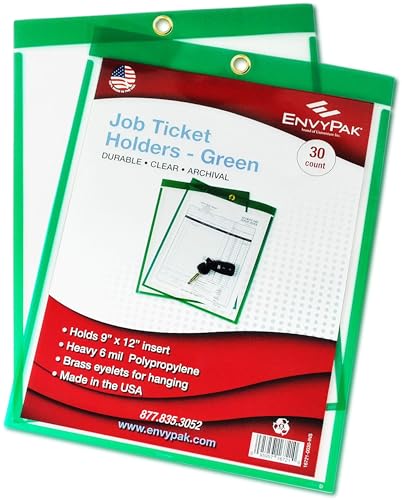 EnvyPak Job Ticket Holders - 9"x12" - Pack of 30 (Green) Top-Loading with Eyelet for Hanging - Image 1