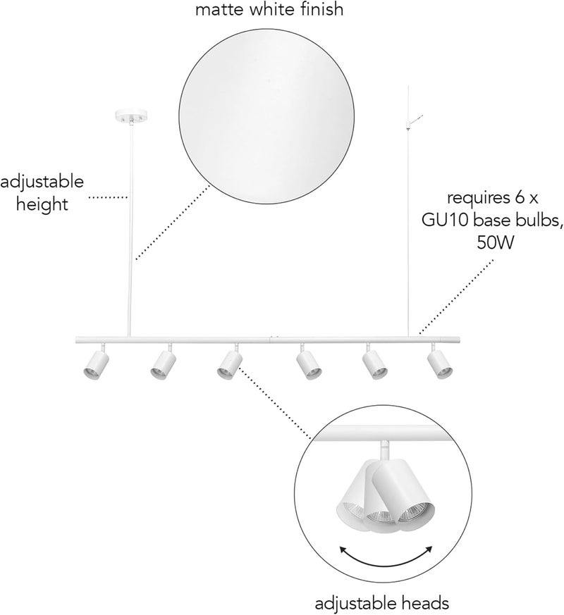 Globe Electric 64000124 55" 6-Light Adjustable Height Track Lighting, Matte White, Pivoting Heads, Modern Ceiling Light for Kitchen, Hallway or Dining Room, Dimmer Switch Compatible - Image 4