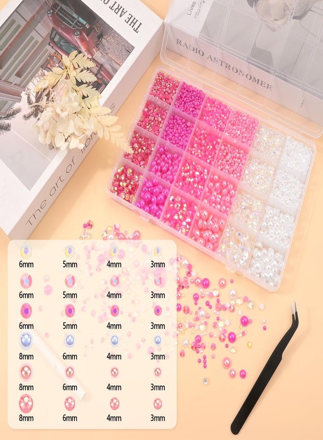 NACHLYNN 10000 Pcs Rose red Rhinestones and Pearls 3-8mm Half Pearl Bead Resin Rhinestones Kits Comes with Jewelry Pen and Tweezers Suitable for Nail Art Clothing Handmade DIY Decoration - Image 2