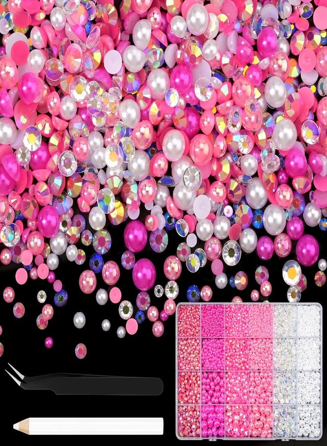 NACHLYNN 10000 Pcs Rose red Rhinestones and Pearls 3-8mm Half Pearl Bead Resin Rhinestones Kits Comes with Jewelry Pen and Tweezers Suitable for Nail Art Clothing Handmade DIY Decoration - Image 1
