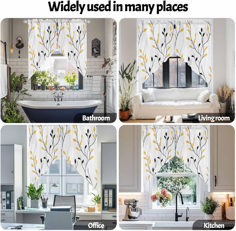 Swag Curtain Valance for Windows Spring Leaves Plant Kitchen Valance Rod Pocket Yellow Black Leaf Swag Curtains for Kitchen Windows Bathroom Bedroom Window Treatment 56" W x 36" L - Image 5