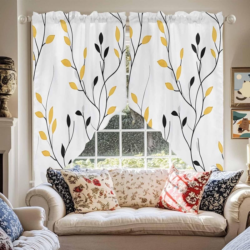 Swag Curtain Valance for Windows Spring Leaves Plant Kitchen Valance Rod Pocket Yellow Black Leaf Swag Curtains for Kitchen Windows Bathroom Bedroom Window Treatment 56" W x 36" L - Image 2