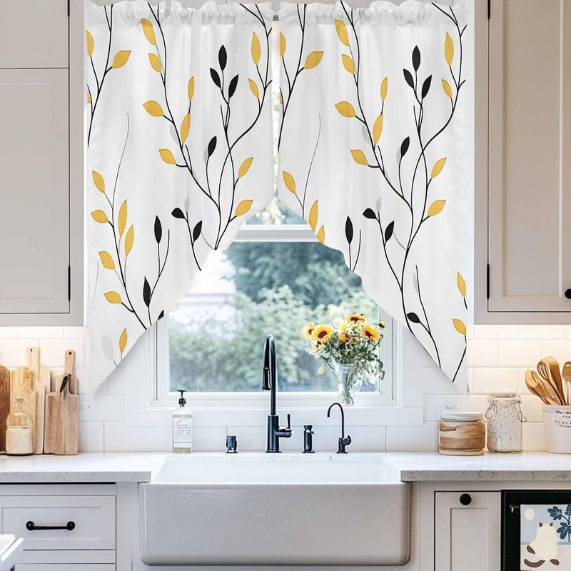 Swag Curtain Valance for Windows Spring Leaves Plant Kitchen Valance Rod Pocket Yellow Black Leaf Swag Curtains for Kitchen Windows Bathroom Bedroom Window Treatment 56" W x 36" L - Image 4