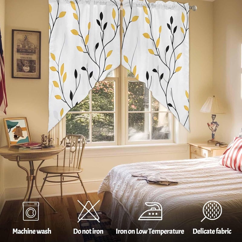 Swag Curtain Valance for Windows Spring Leaves Plant Kitchen Valance Rod Pocket Yellow Black Leaf Swag Curtains for Kitchen Windows Bathroom Bedroom Window Treatment 56" W x 36" L - Image 3