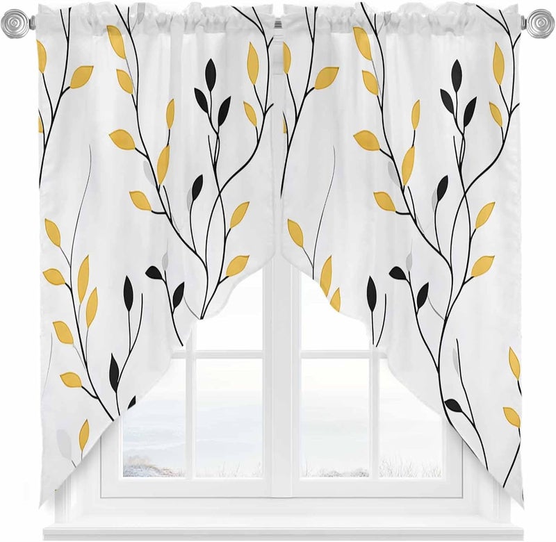 Swag Curtain Valance for Windows Spring Leaves Plant Kitchen Valance Rod Pocket Yellow Black Leaf Swag Curtains for Kitchen Windows Bathroom Bedroom Window Treatment 56" W x 36" L - Image 1