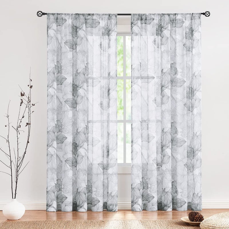 Treatmentex Treatmentex Floral Sheer Curtain Drapes for LivingRoom Grey on White Floral Botanical Bedroom Semi Sheers Chiffon 95 inches Lotus Leaves Print Curtain Panels for Studio Yard Patio 2pcs