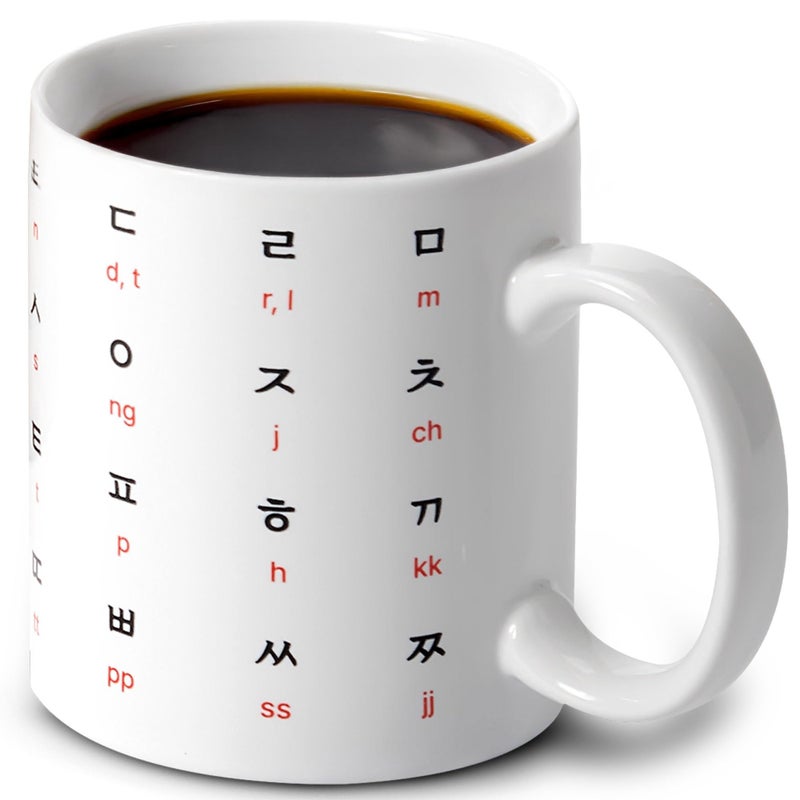 BICETTO 12oz Korean Ceramic Coffee Cup with Stunning Hangul English Alphabet Pattern Ideal Mug for Coffee Language Enthusiasts Durable Premium Korean Gift Academic Red
