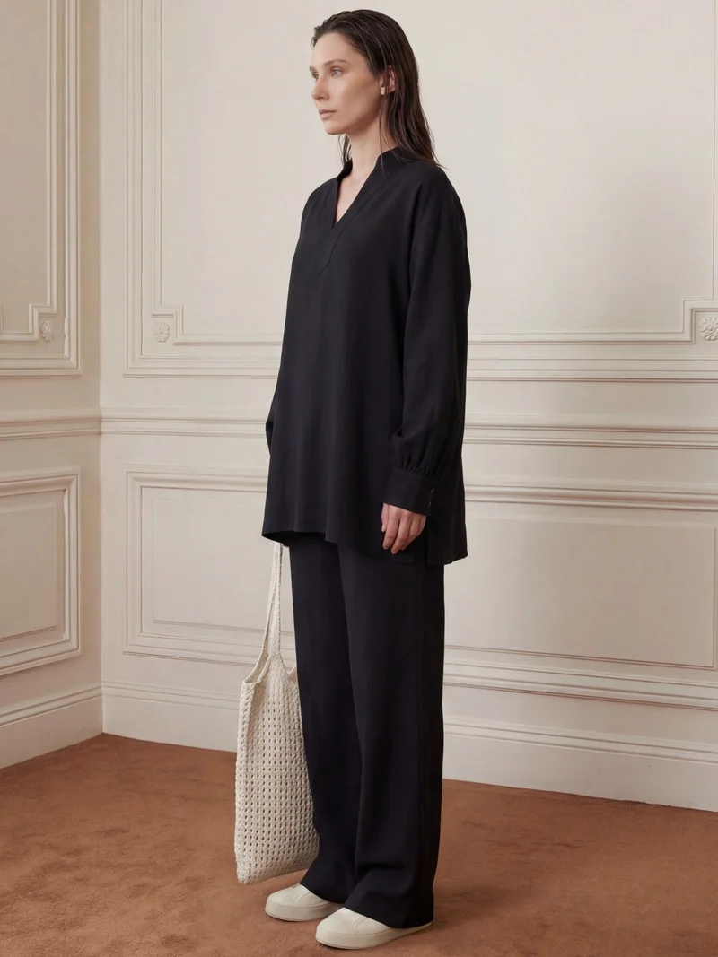 ماي فاشن MY FASHION V-Neck Blouse & Wide Leg Pants Muslin Two-Piece Set