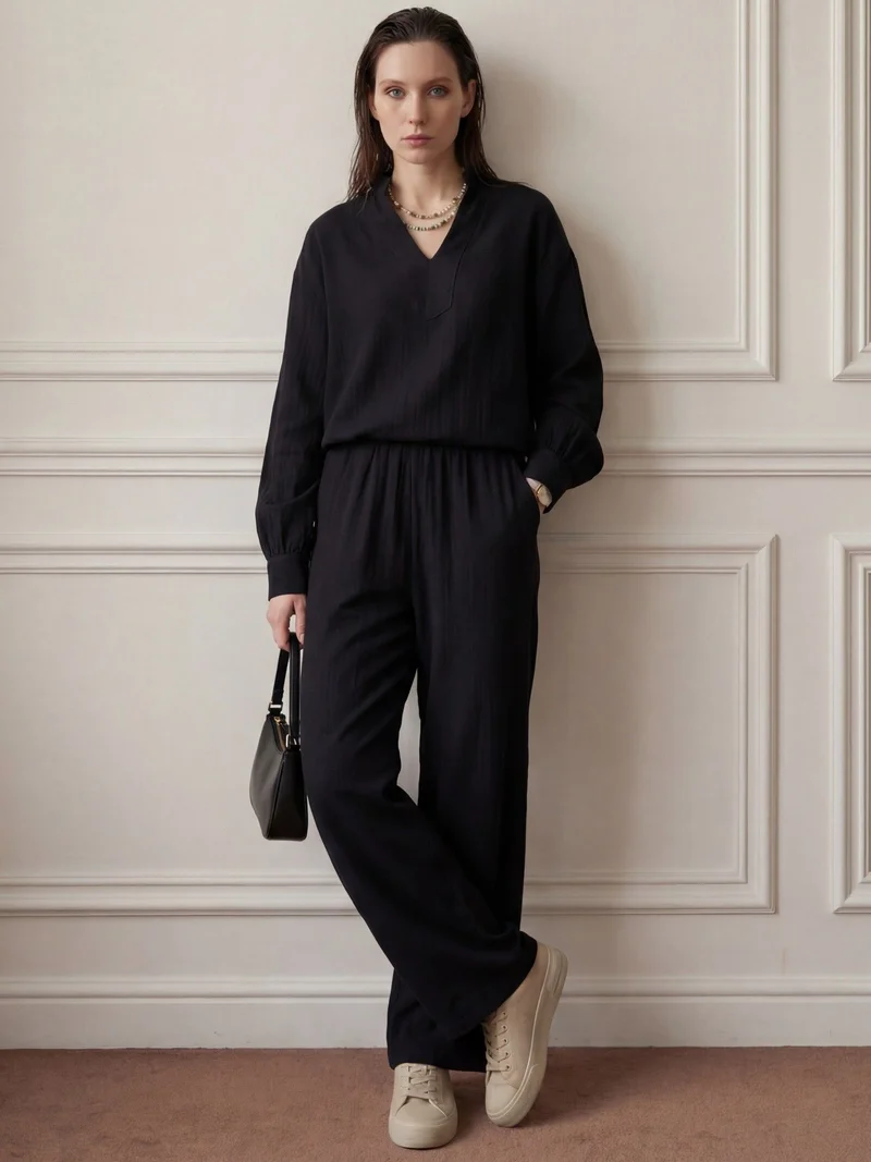 MY FASHION V-Neck Blouse & Wide Leg Pants Muslin Two-Piece Set