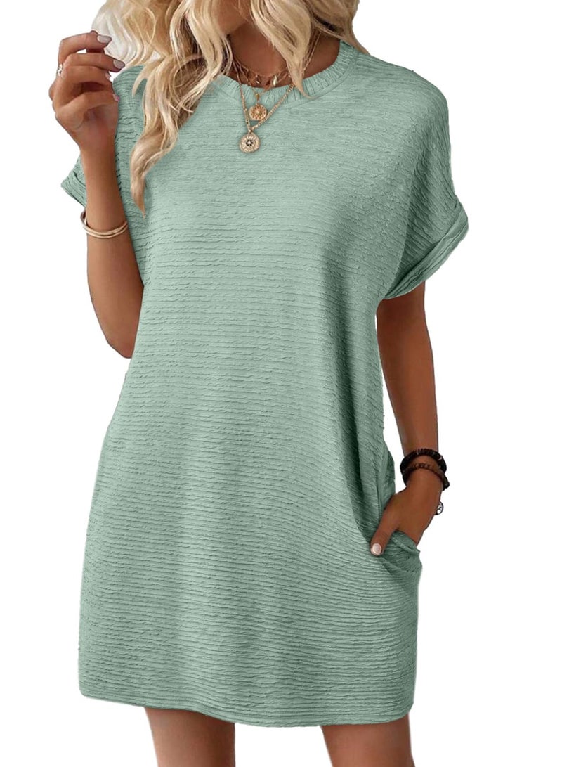EVALESS Womens Summer Dresses 2026 Fashion Short Sleeve Cute Spring Mini Dress Crewneck Solid Casual Beach Vacation Tshirt Dresses Grass Green - Image 1