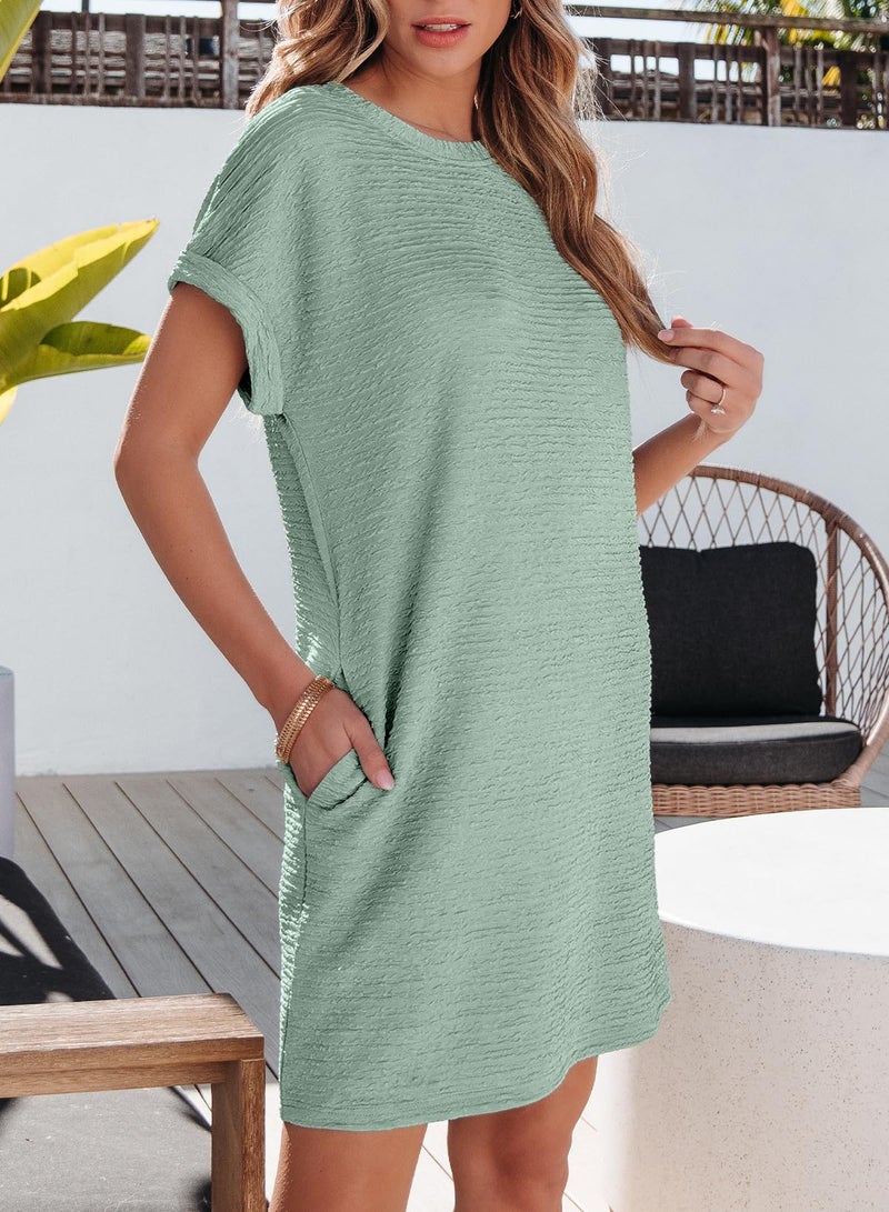 EVALESS Womens Summer Dresses 2026 Fashion Short Sleeve Cute Spring Mini Dress Crewneck Solid Casual Beach Vacation Tshirt Dresses Grass Green - Image 4