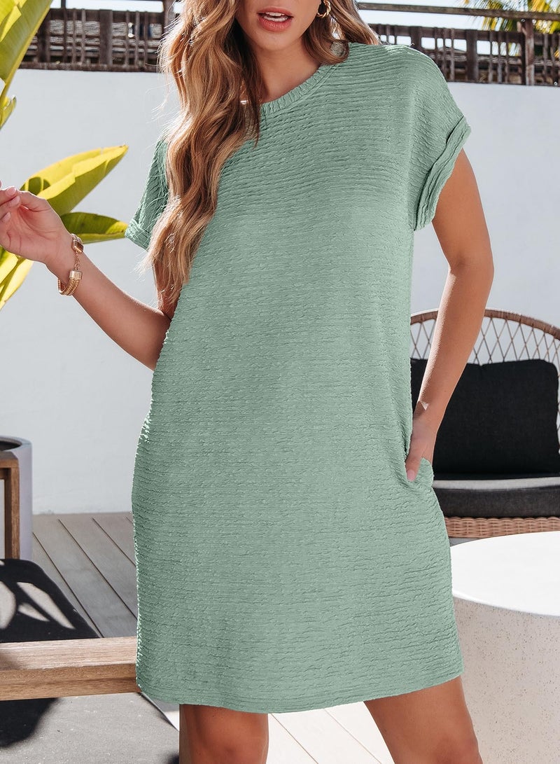 EVALESS Womens Summer Dresses 2026 Fashion Short Sleeve Cute Spring Mini Dress Crewneck Solid Casual Beach Vacation Tshirt Dresses Grass Green - Image 3