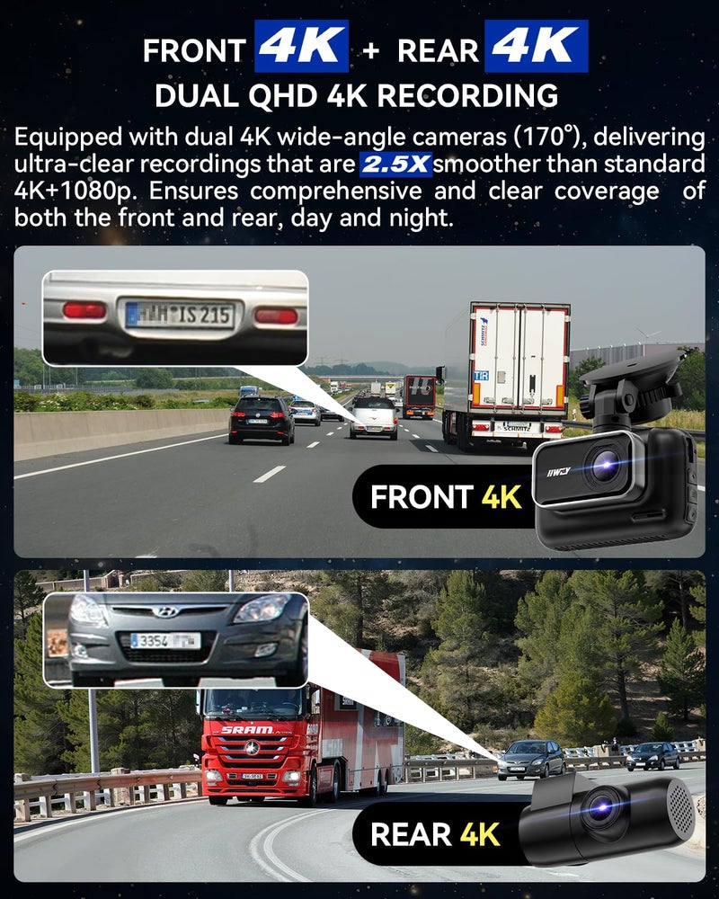 IIWEY 4K+4K Dash Cam Front and Rear, 5G Wi-Fi 64GB SD Card Included, STARVIS Dash Camera for Cars, 3 Inch IPS Screen, Dual Channel HDR Night Vision, 24H Parking Mode, 170Â° Widude Angle, G-Sensor - Image 2