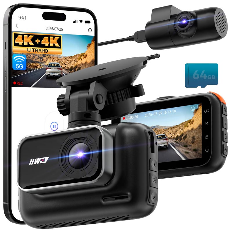 IIWEY 4K+4K Dash Cam Front and Rear, 5G Wi-Fi 64GB SD Card Included, STARVIS Dash Camera for Cars, 3 Inch IPS Screen, Dual Channel HDR Night Vision, 24H Parking Mode, 170Â° Widude Angle, G-Sensor - Image 1