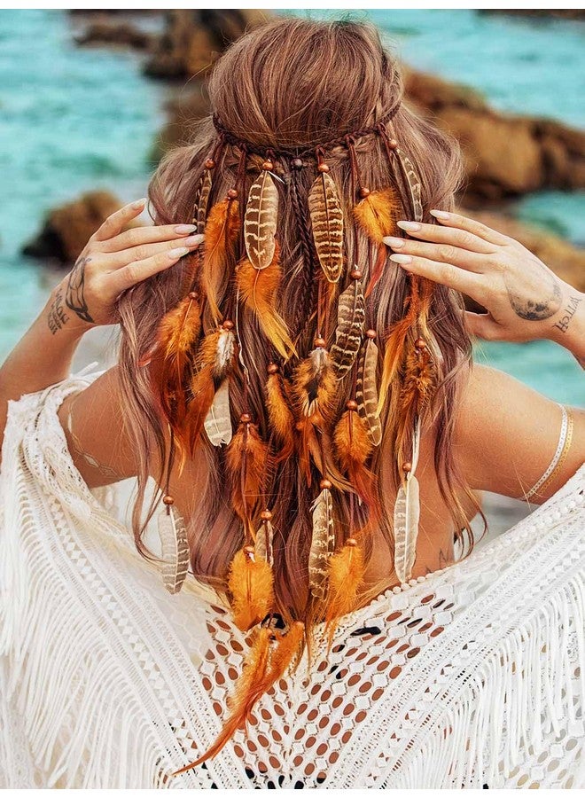 GENBREE Enbree Boho Feather Headband Gypsy Headpiece Bohemian Hippie Headbands Indian Hair Band Long Feather Hair Accessories For Women (Pattern 1)  - Image 2