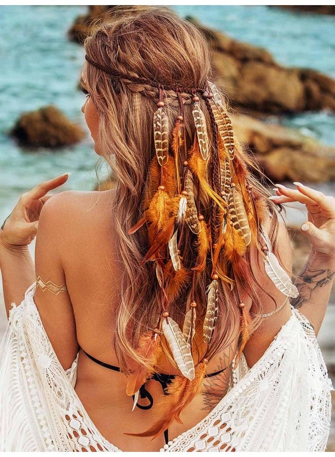 GENBREE Enbree Boho Feather Headband Gypsy Headpiece Bohemian Hippie Headbands Indian Hair Band Long Feather Hair Accessories For Women (Pattern 1)  - Image 4