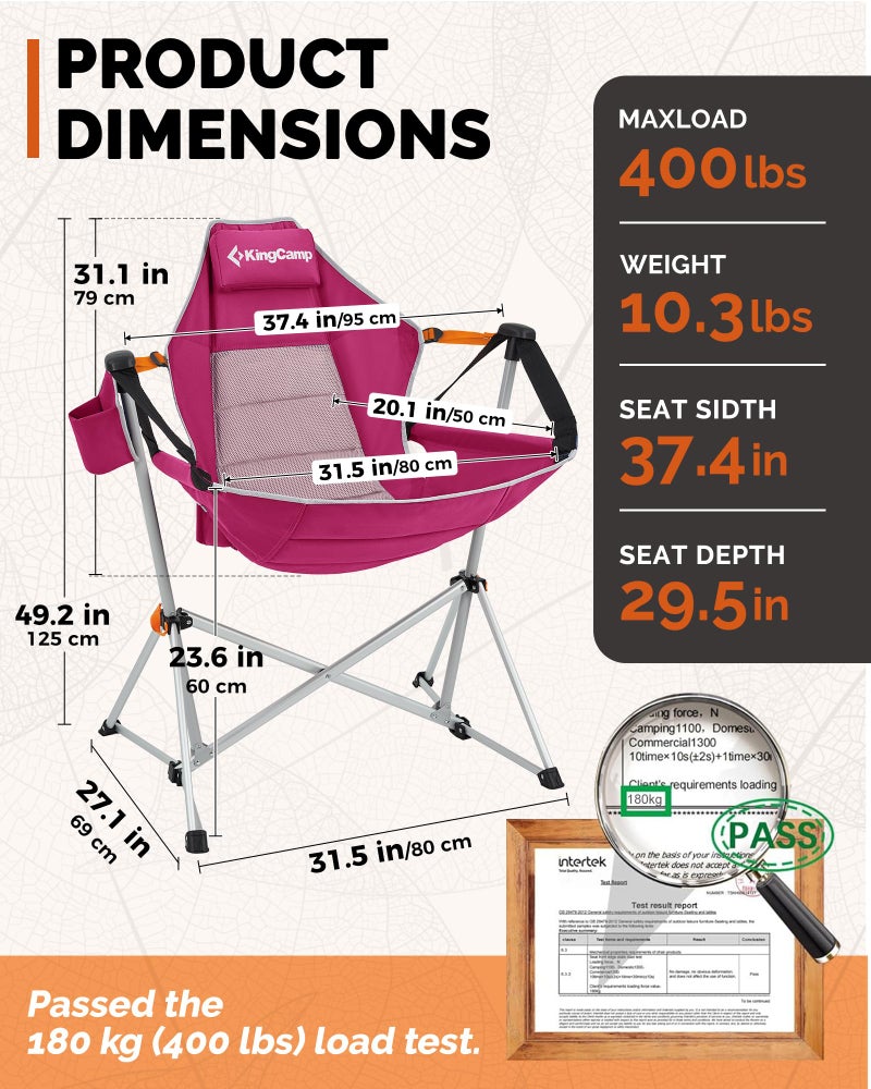 KingCamp Hammock Camping Chair, Swinging Portable Folding Camp Chairs for Adults Max 400lbs Heavy Duty Foldable Oversized Rocker with Aluminum Alloy Frame Cup Holder for Outdoor Beach Patio Sport - Image 3