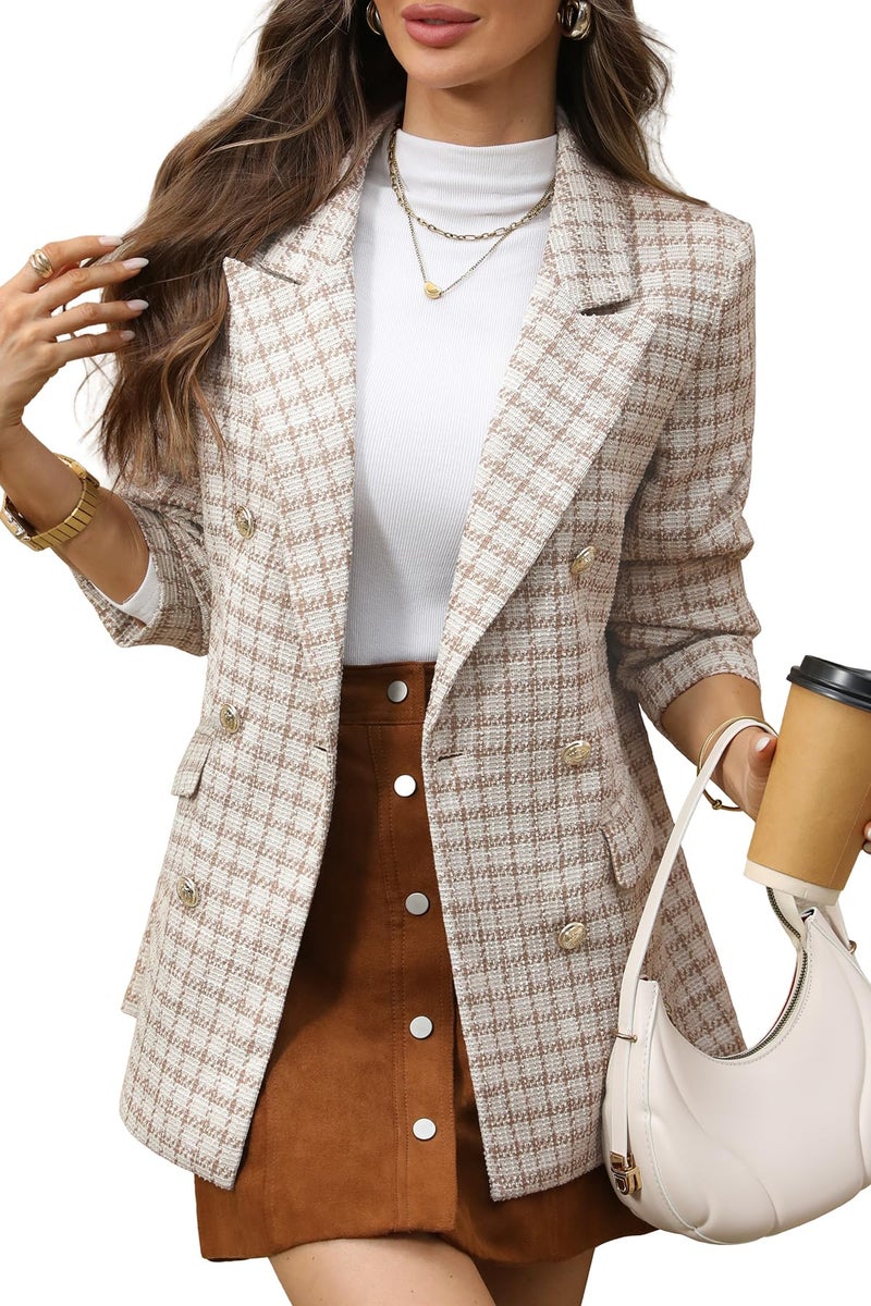 ELLEVEN Tweed Blazers for Women Oversized Plaid Double Breasted BottonsBlazer Dress for Women Boyfriend Business Casual Outfits Spring Work Suit Jackets Professional Clothes Beige Large - Image 1