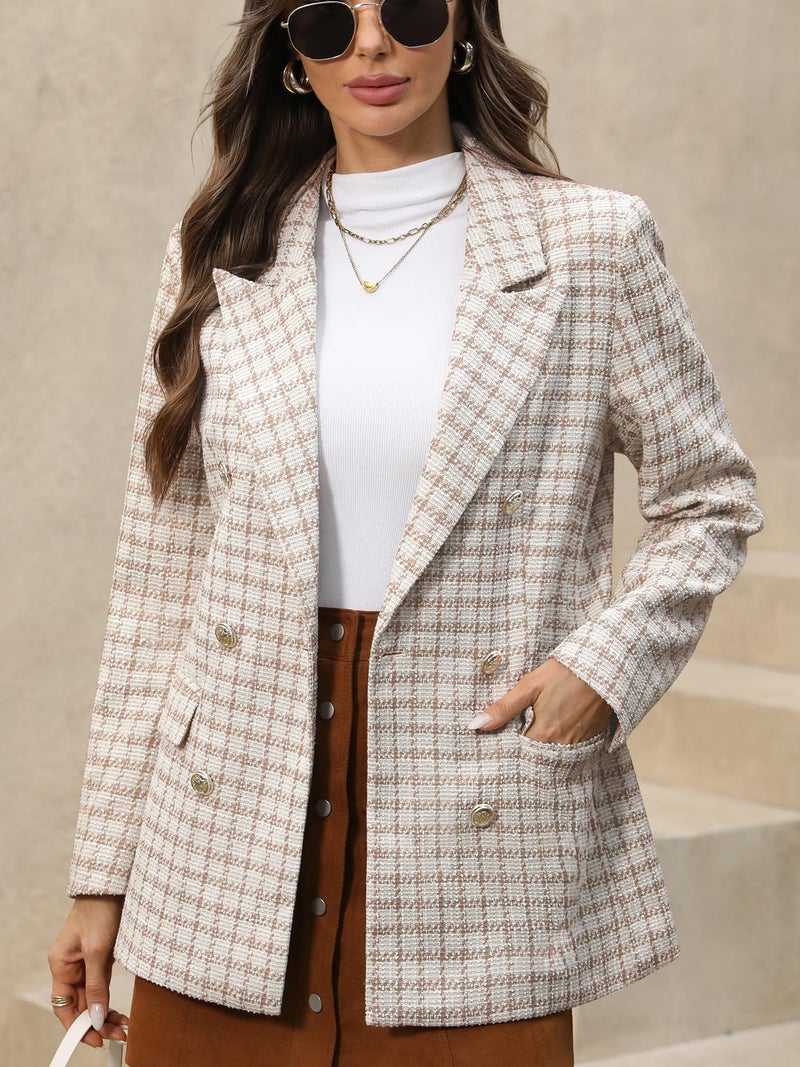 ELLEVEN Tweed Blazers for Women Oversized Plaid Double Breasted BottonsBlazer Dress for Women Boyfriend Business Casual Outfits Spring Work Suit Jackets Professional Clothes Beige Large - Image 3
