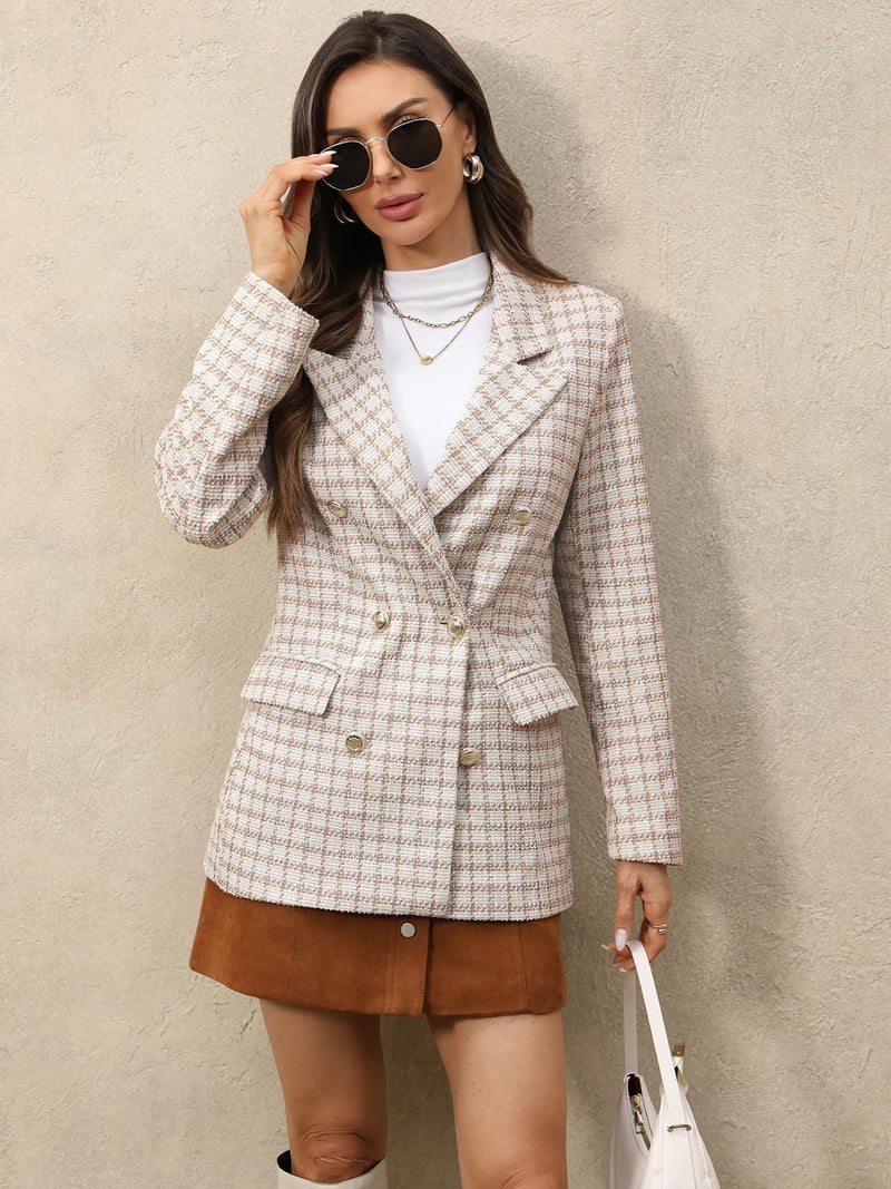 ELLEVEN Tweed Blazers for Women Oversized Plaid Double Breasted BottonsBlazer Dress for Women Boyfriend Business Casual Outfits Spring Work Suit Jackets Professional Clothes Beige Large - Image 5