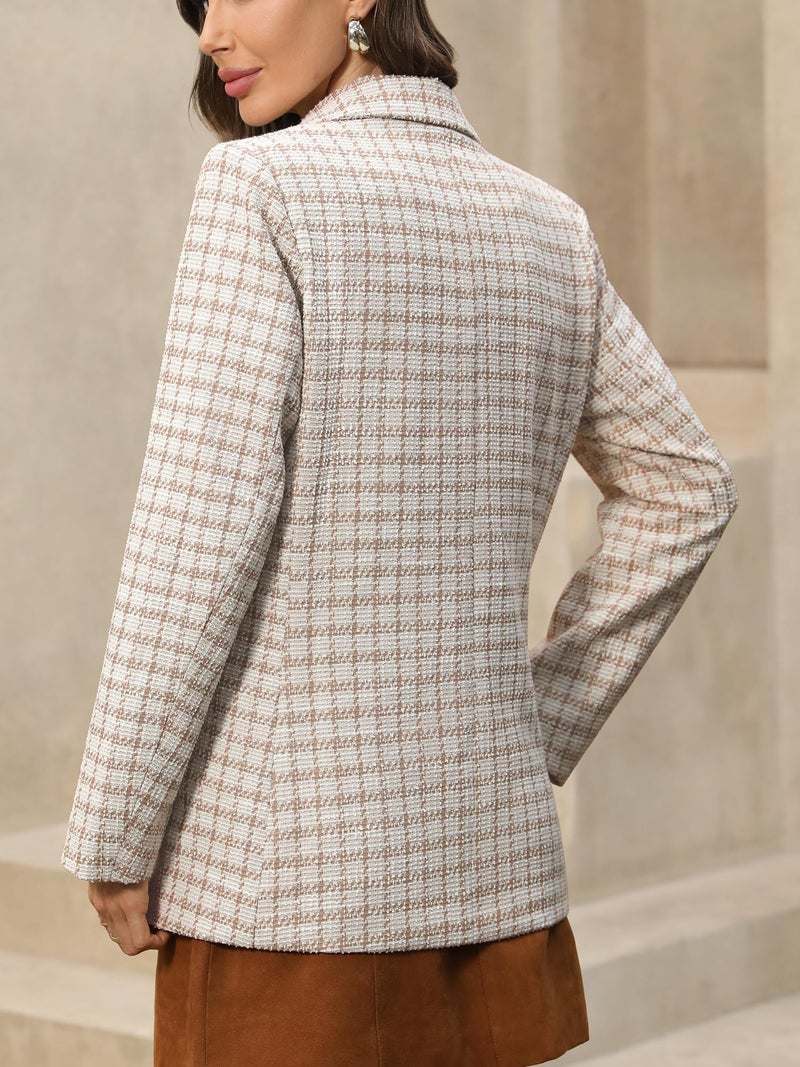 ELLEVEN Tweed Blazers for Women Oversized Plaid Double Breasted BottonsBlazer Dress for Women Boyfriend Business Casual Outfits Spring Work Suit Jackets Professional Clothes Beige Large - Image 2