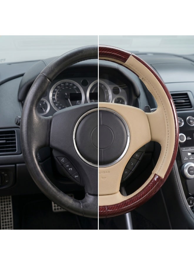 Manful Luxury Wood Grain & Leather Steering Wheel Cover 15 Inch (37–38 cm) – Universal Fit, Anti-Slip Grip, Heat Resistant, Premium PU Leather, Stylish Car Interior Accessory - Image 3