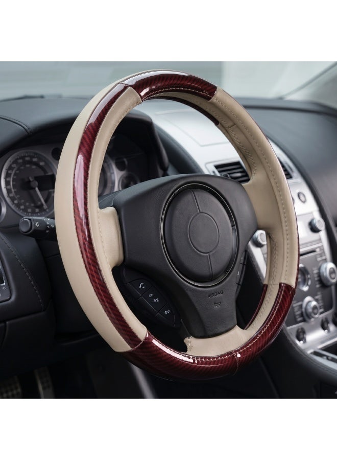 Manful Luxury Wood Grain & Leather Steering Wheel Cover 15 Inch (37–38 cm) – Universal Fit, Anti-Slip Grip, Heat Resistant, Premium PU Leather, Stylish Car Interior Accessory - Image 1