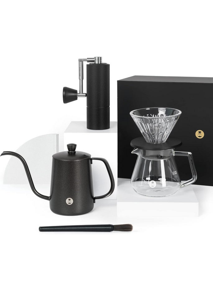 تايم مور تتضمن مجموعة ماكينة تحضير القهوة TIMEMORE Pour Over غلاية سعة 600 مل، ومطحنة قهوة يدوية C3 PRO، وقطارة قهوة، وكوب تقديم زجاجي مع 50 قطعة من فلاتر الورق لتحضير القهوة. - Image 1