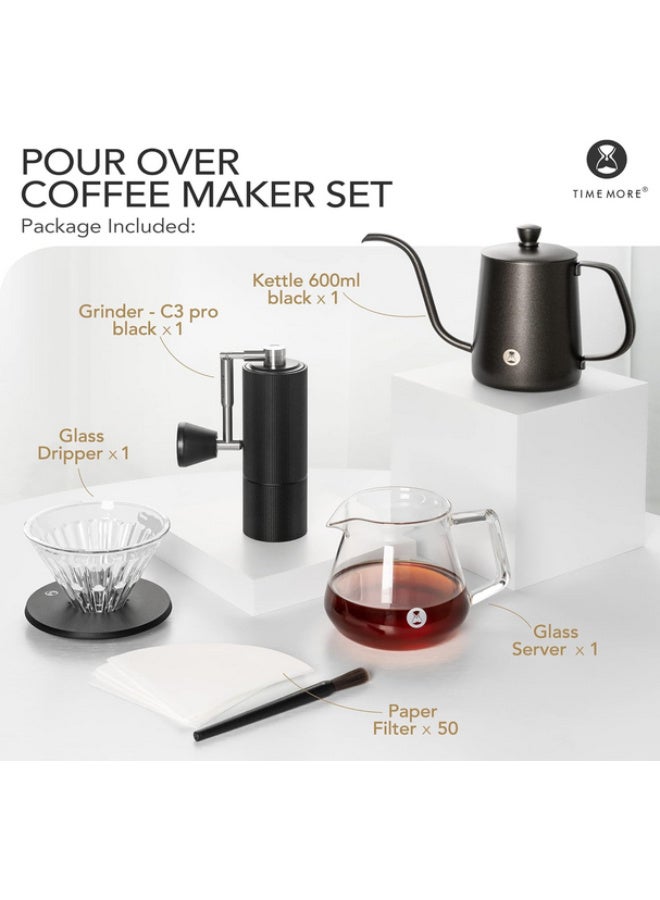 تايم مور تتضمن مجموعة ماكينة تحضير القهوة TIMEMORE Pour Over غلاية سعة 600 مل، ومطحنة قهوة يدوية C3 PRO، وقطارة قهوة، وكوب تقديم زجاجي مع 50 قطعة من فلاتر الورق لتحضير القهوة. - Image 2