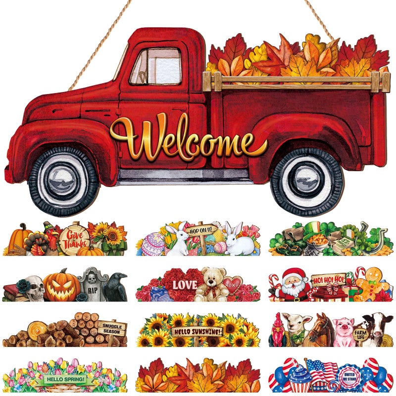 Ferraycle 13 Pcs Interchangeable Welcome Sign Red Truck Decor Welcome Sign Rustic Farmhouse Holiday Decor with 12 Holiday Signs for Fall Thanksgiving Christmas