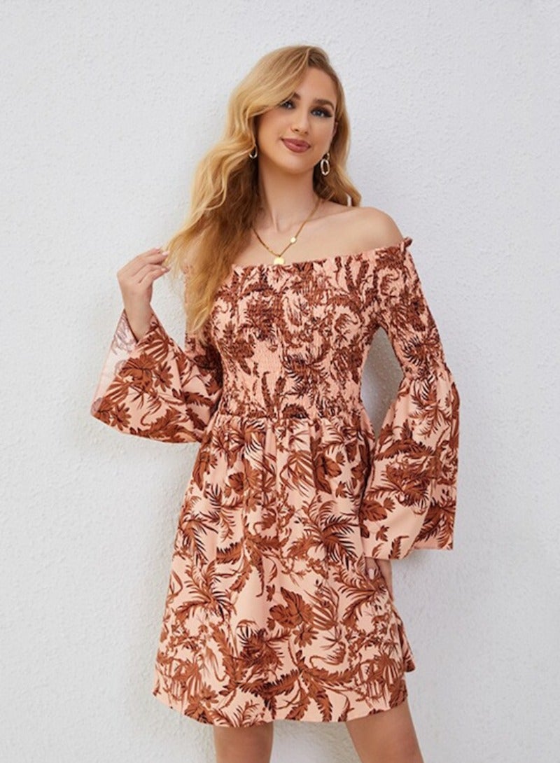 YUNIQEE Peach Floral Print Off-Shoulder Chiffon Fit  Flare Dress  - Image 3