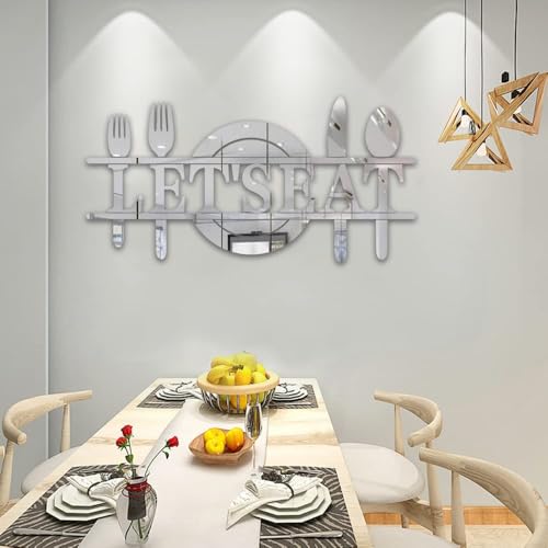 Doeean Let's Eat Wall Decor Letter Signs Acrylic Mirror Wall Decals Decorations Stickers for Kitchen or Dining Room (Silver 26.3 X 13.2) - Image 5