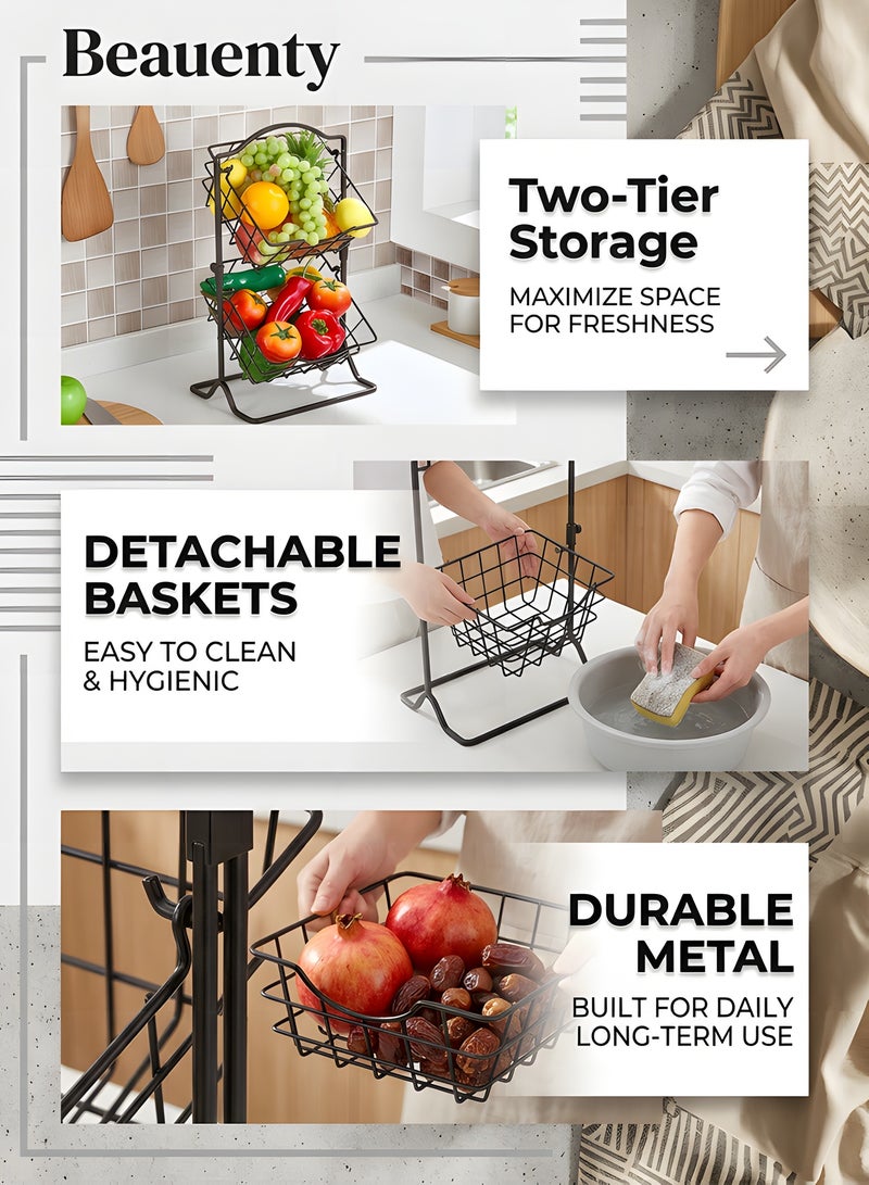 بيوينتي سلة فواكه معدنية طبقتين لتخزين الخضروات على سطح المطبخ، سلة فواكه قابلة للفصل، حامل تخزين لسلة سلكية متعددة الاستخدامات معلقة، منظم مطبخ ريفي بطبقات. - Image 2