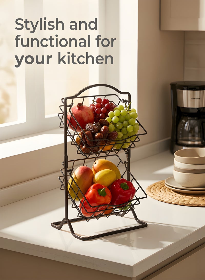 بيوينتي سلة فواكه معدنية طبقتين لتخزين الخضروات على سطح المطبخ، سلة فواكه قابلة للفصل، حامل تخزين لسلة سلكية متعددة الاستخدامات معلقة، منظم مطبخ ريفي بطبقات. - Image 3