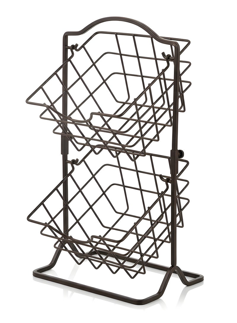 بيوينتي سلة فواكه معدنية طبقتين لتخزين الخضروات على سطح المطبخ، سلة فواكه قابلة للفصل، حامل تخزين لسلة سلكية متعددة الاستخدامات معلقة، منظم مطبخ ريفي بطبقات. - Image 1