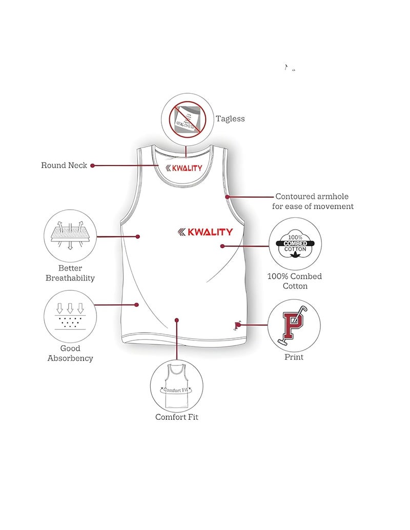 Kwality سترة داخلية بيضاء 100% قطن للأطفال الأولاد والبنات - مجموعة من 6 قطع - Image 4