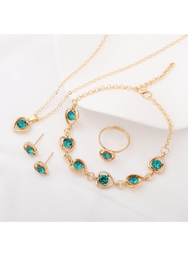 Innoshine Heart-Shaped Green Gemstone Jewelry Set, 4-Piece Love Theme Necklace, Bracelet, Earrings and Ring Suite - Image 1
