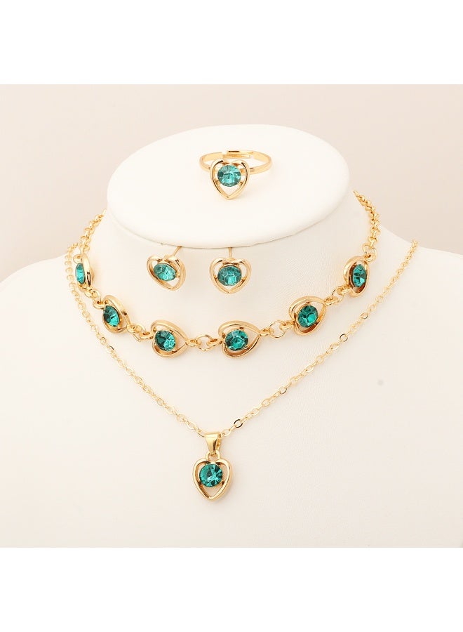 Innoshine Heart-Shaped Green Gemstone Jewelry Set, 4-Piece Love Theme Necklace, Bracelet, Earrings and Ring Suite - Image 3