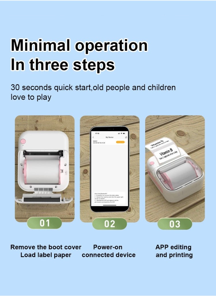Generic New wireless Bluetooth label printer with 1 roll 50*30mm white label sticker and USB cable, portable ink-free thermal labeling machine, label making machine for barcode label printer, mini portable Bluetooth thermal labeling machine, ideal for supermarkets, retail stores and home printing barcodes  - Image 5
