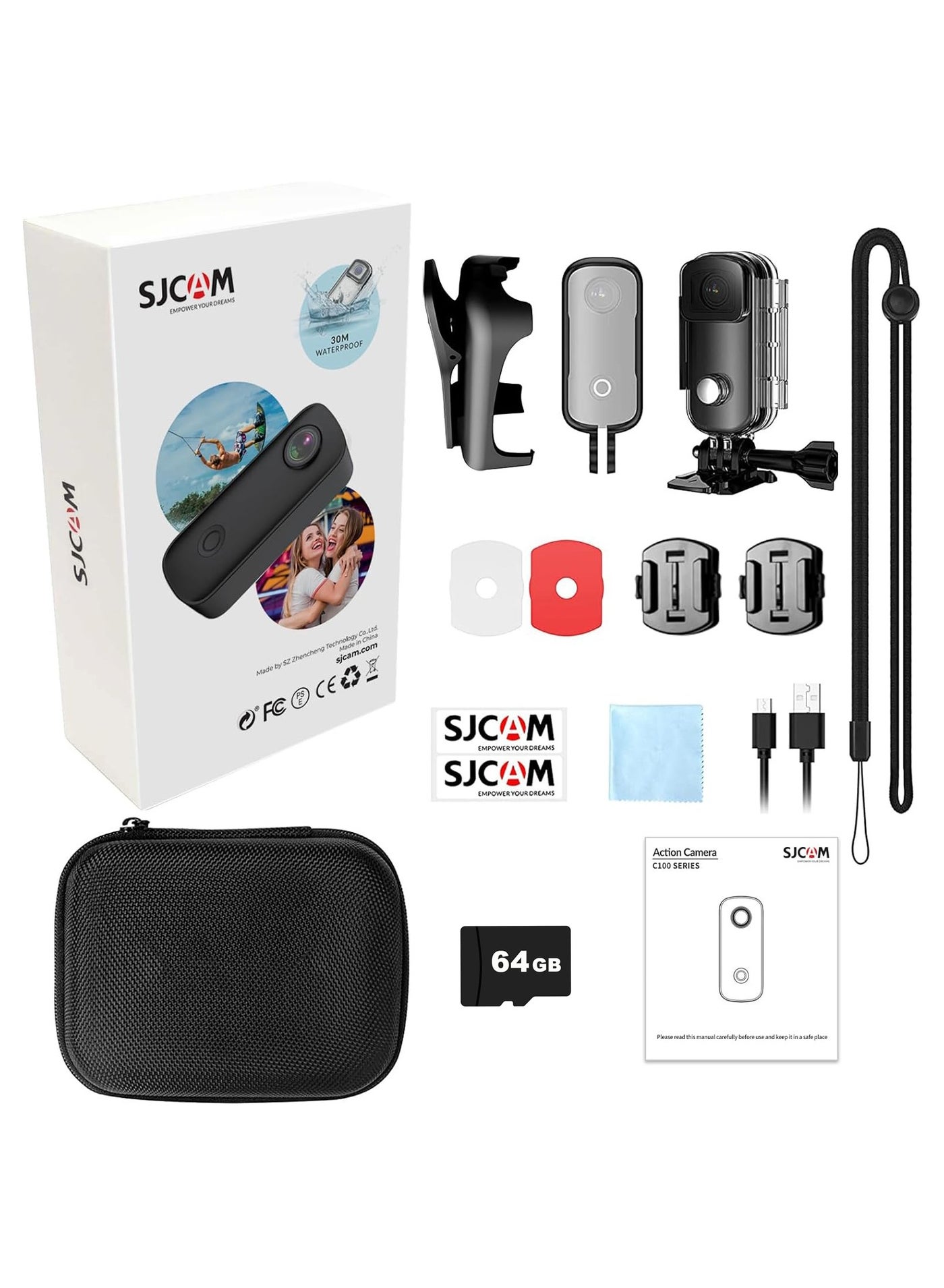 SJCAM C100+ Mini WiFi Action Camera 4K30fps Pocket Sized Wearable Body Camera, Magnetic, APP Control, Underwater Small Vlog Helmet Mount Kits 64G SD Card, Weighs 1oz, 2.4 * 1 * 0.6 inch