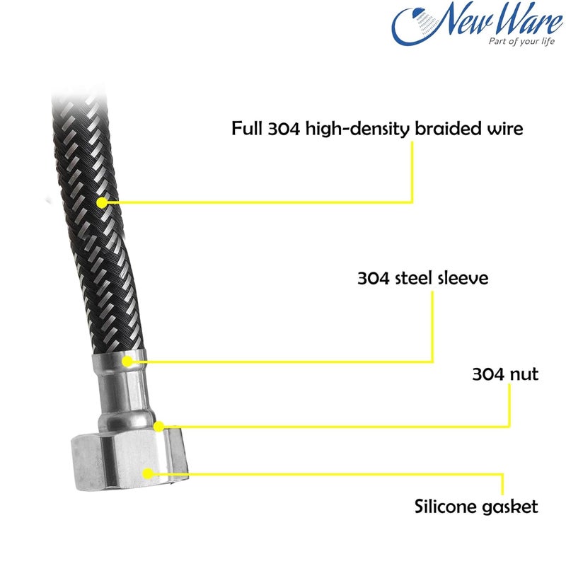 NEW WARE ® أنبوب توصيل مزدوج المقبض من الفولاذ المقاوم للصدأ لخلاط الحوض - حوض المطبخ والحمام | أنبوب توصيل الماء الساخن والبارد لخلاط الماء المثبت على الطاولة والسطح (عبوة من 2) (24 بوصة) - Image 3