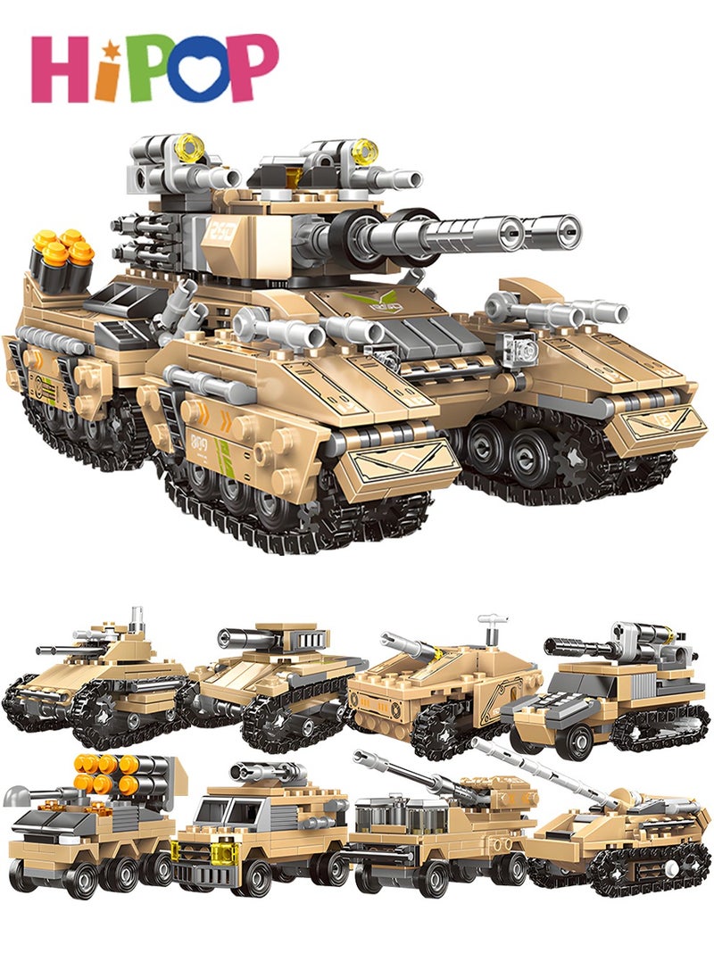 HIPOP - 8 In 1 Military Series Blocks Set,Military Puzzle Toy,Blocks Set 800+ PCS,Wide Compatibility,Building Blocks Tank Toy - Image 1