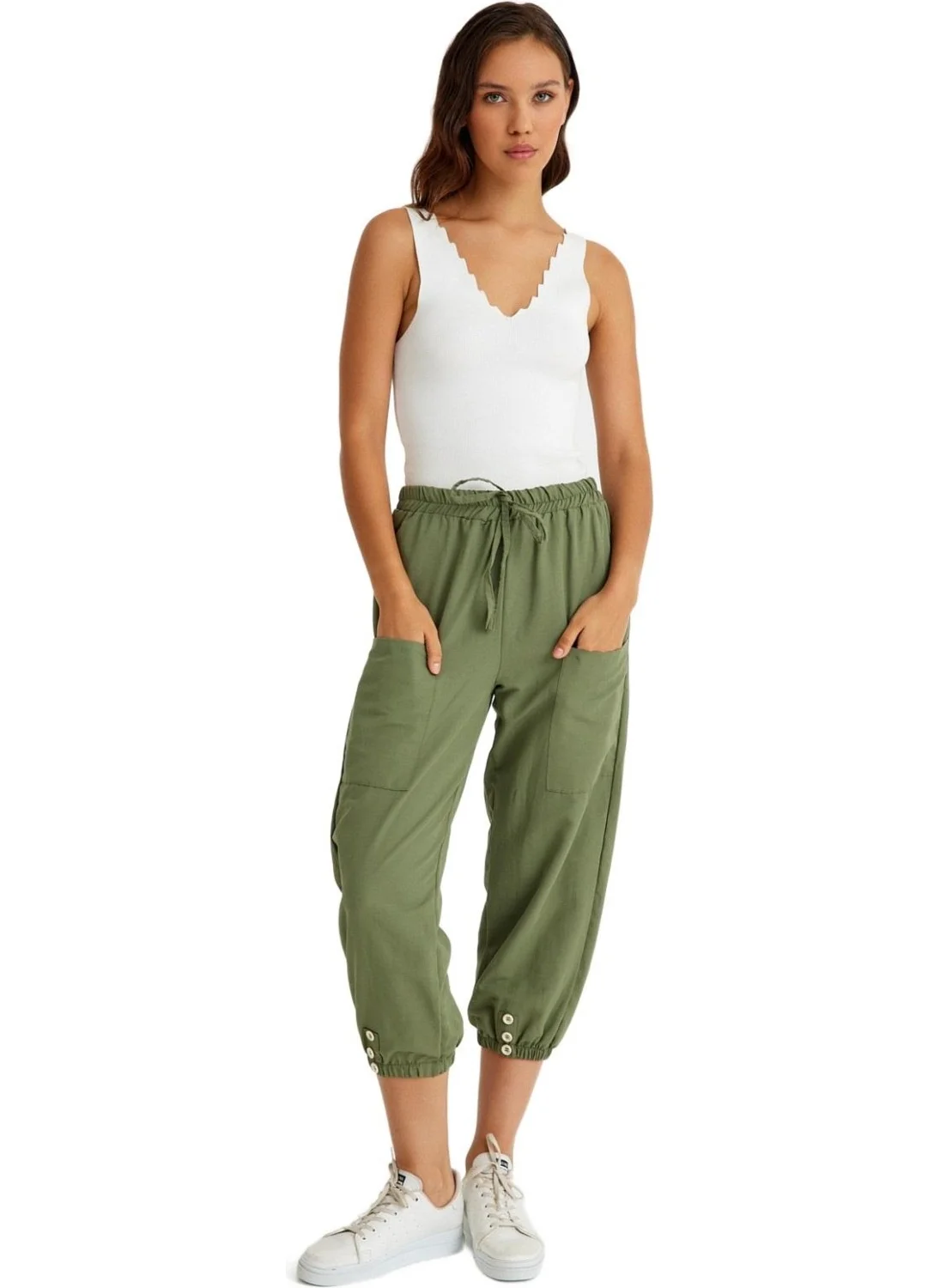 Barbora Linen Casual Trousers with Elastic Waistband and Lace-Up LN15HAKI4