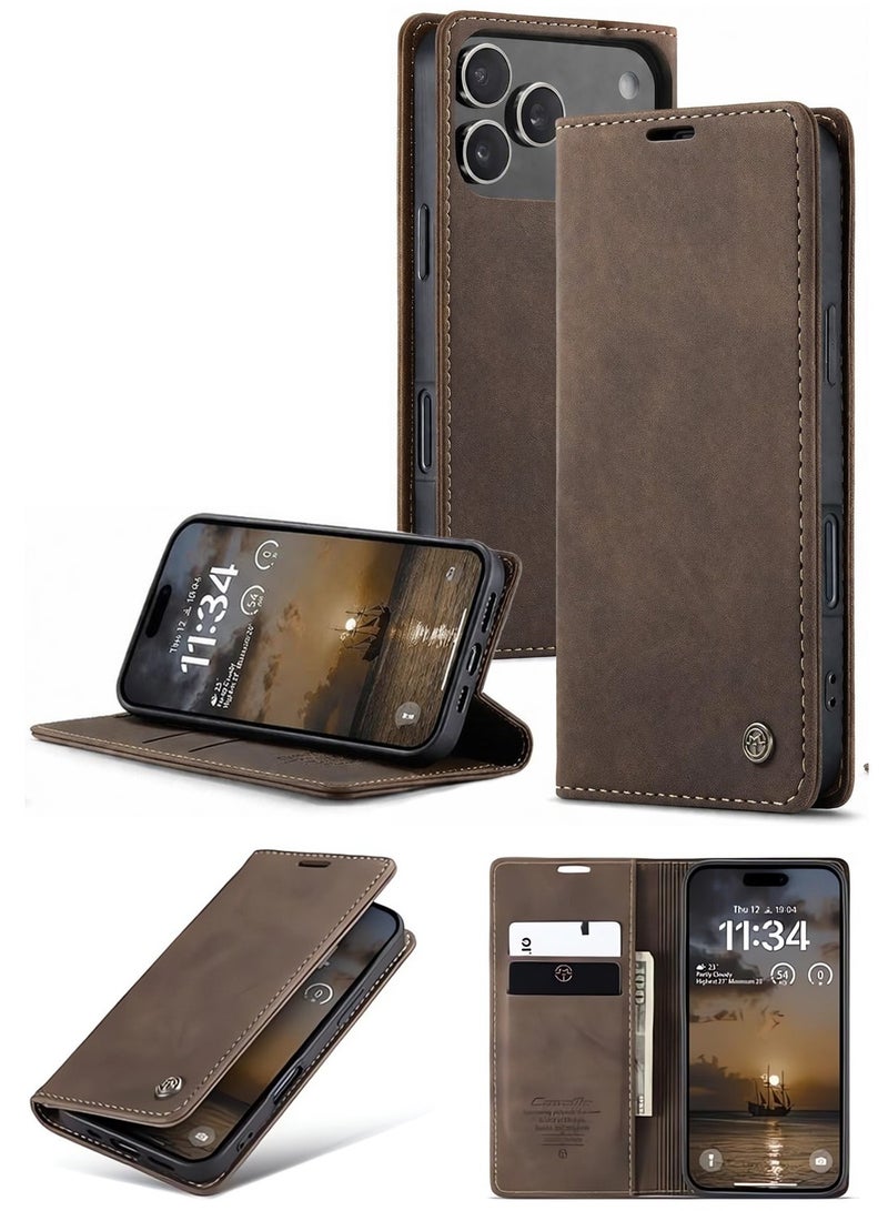 iPhone 17 Pro Max Vintage PU Flip Leather Wallet Case with Card Holder, Magnetic Closure, Kickstand Folio Shockproof Cover – Coffee - Image 1