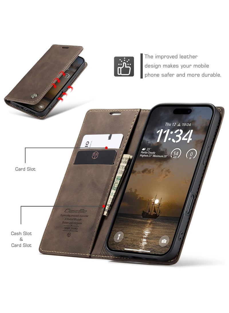 iPhone 17 Pro Max Vintage PU Flip Leather Wallet Case with Card Holder, Magnetic Closure, Kickstand Folio Shockproof Cover – Coffee - Image 2