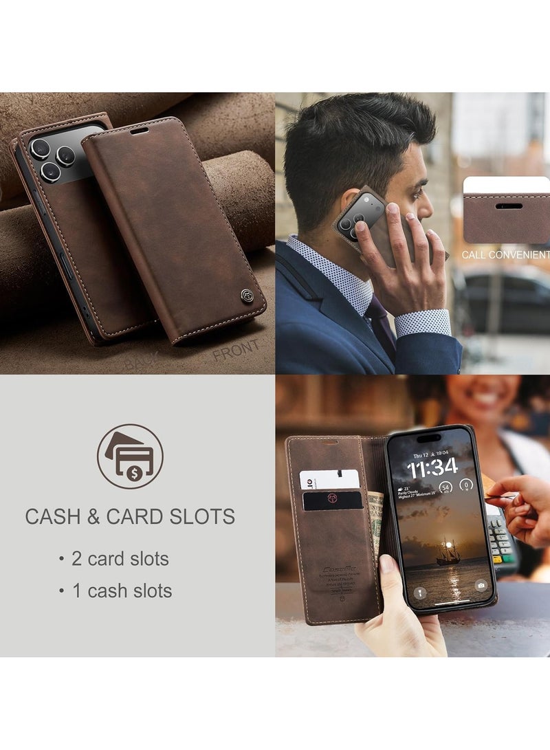iPhone 17 Pro Max Vintage PU Flip Leather Wallet Case with Card Holder, Magnetic Closure, Kickstand Folio Shockproof Cover – Coffee - Image 3
