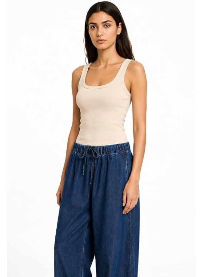 Nileton Women's Basic Ribbed Knit - Cotton Round Neck Tank Top - Slim Fit Sleeveless Stretchy Fitted Casual Everyday Tank - Image 1