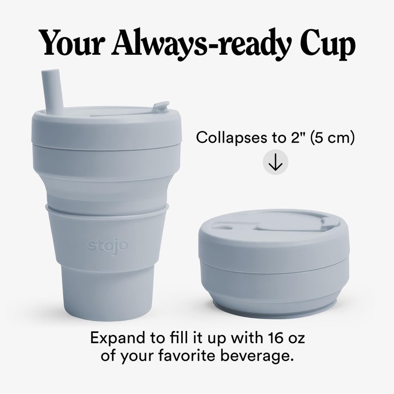 Stojo STOJO Collapsible Travel Cup With Straw – Cashmere Gray, 16oz / 470ml - Reusable To-Go Pocket Size Silicone Bottle for Hot and Cold Drinks - Perfect for Camping & Hiking - Microwave & Dishwasher Safe  - Image 2