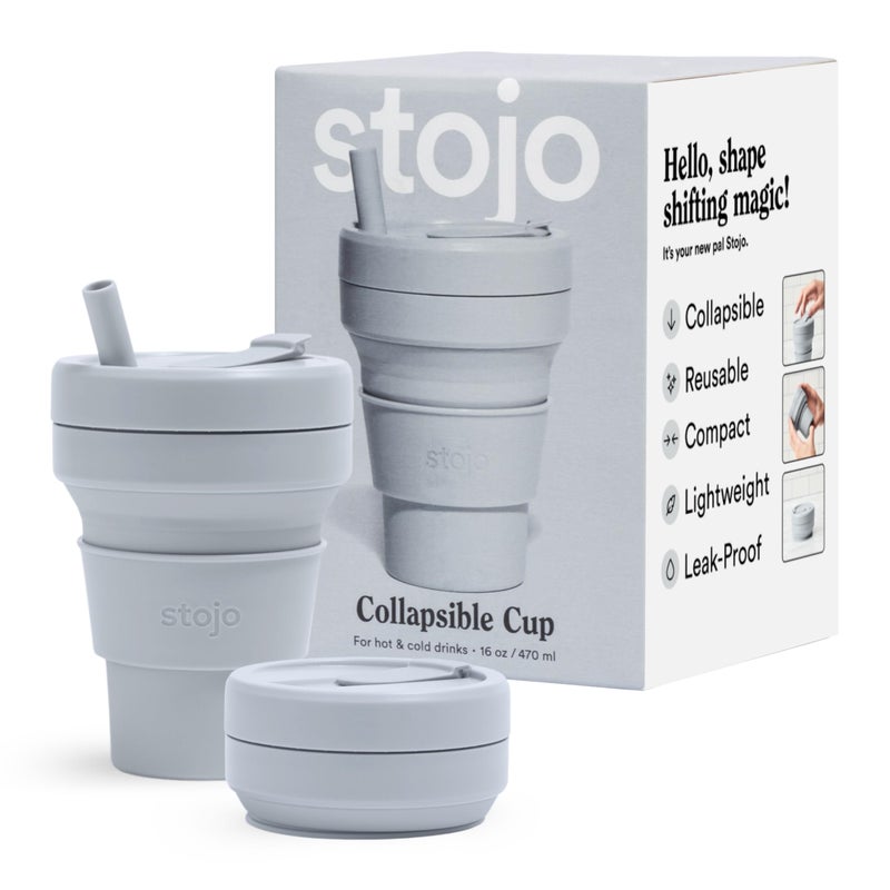 Stojo STOJO Collapsible Travel Cup With Straw – Cashmere Gray, 16oz / 470ml - Reusable To-Go Pocket Size Silicone Bottle for Hot and Cold Drinks - Perfect for Camping & Hiking - Microwave & Dishwasher Safe  - Image 1