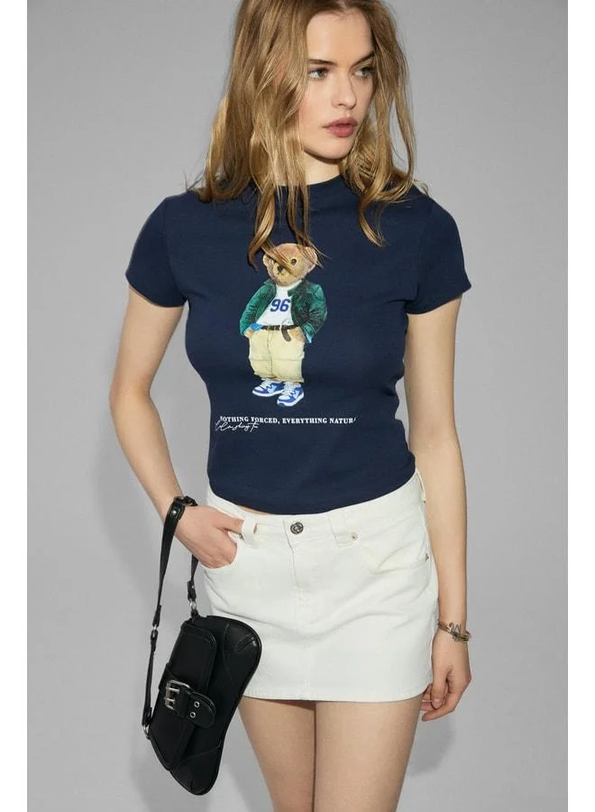 Grimelange UDINNES Women's Soft Stretch Fabric Print Detailed Slim Fit Navy T-Shirt.